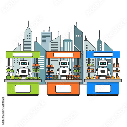 Three robot vendors stand behind their stalls in a city, selling various food items.