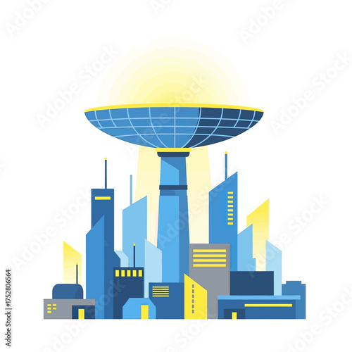 Illustration of a futuristic city powered by a large solar energy collector.