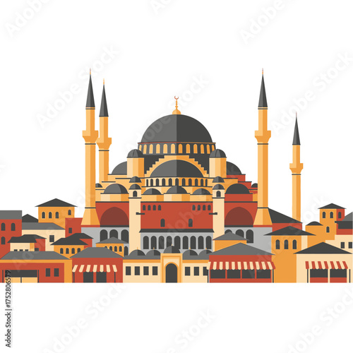 A vibrant illustration of a grand mosque with multiple minarets and a large central dome, surrounded by smaller buildings.