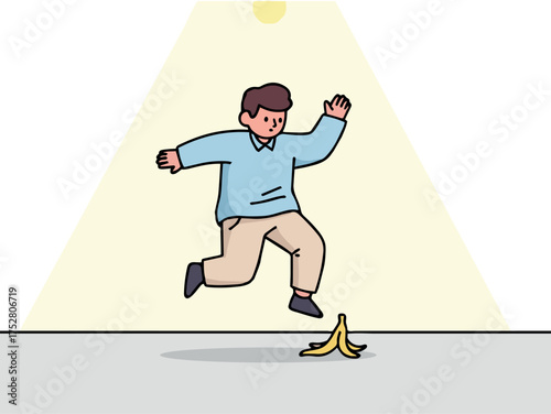 Man slipping on banana peel under a street light, cartoon style.