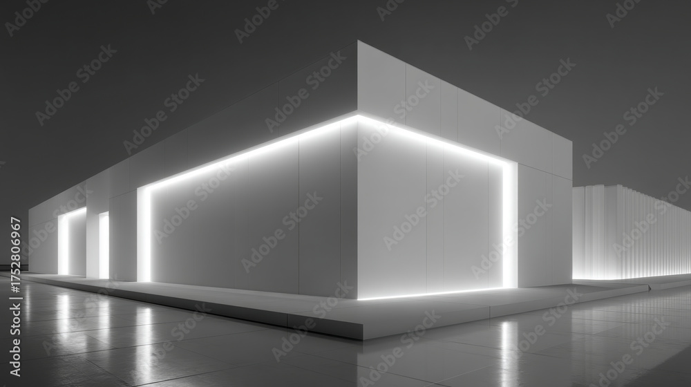 Fototapeta premium Hidden Potential, A minimalist 3D scene of a simple, slightly obscured building with glowing lines emanating from within, suggesting hidden value. Soft, diffused lighting.