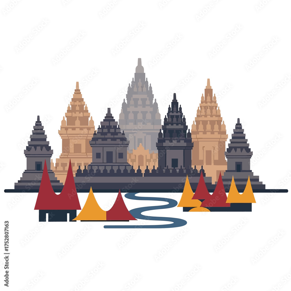 Naklejka premium A stylized illustration of the Prambanan Temple complex in Indonesia, featuring multiple tiered temples and a winding river.