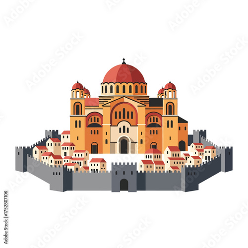 Illustration of a fortified city with a large domed building.