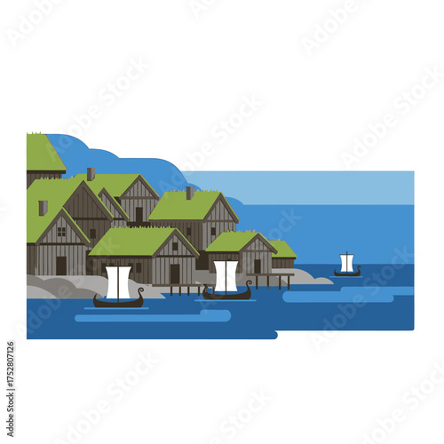 Illustration of a coastal village with Viking ships on the water.