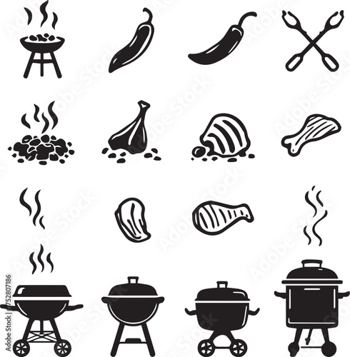 Grilling and barbecue icon set vector in black and white with meat, flames, coals, and cooking tools