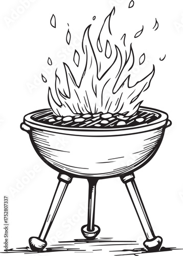 Charcoal grill vector in black and white with flames and briquettes for outdoor cooking and BBQ themes