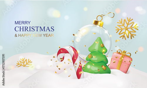 Christmas and New Year background. Xmas candy cane, Christmas tree,, gifts box and transparent glass xmas ball. Bright Winter holiday composition. Vector illustration