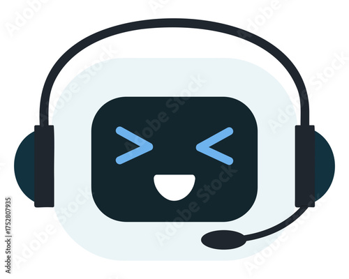 Smiling AI chatbot face with headset isolated on transparent background. Perfect for online assistant, voice interaction and friendly technology for websites, chatbots and virtual help systems.