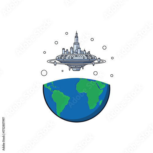Futuristic city hovering above a stylized Earth, showcasing advanced technology and science fiction.