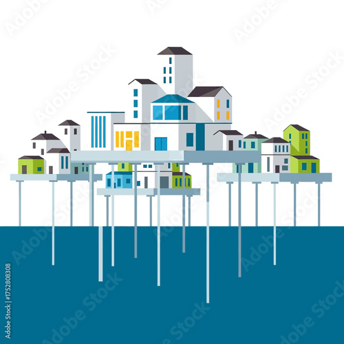 Modern architectural design of a futuristic city built on stilts over blue water.