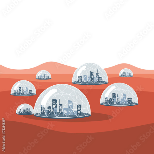 Futuristic human settlements in geodesic domes on a red, barren alien planet, depicting a vision of space colonization.