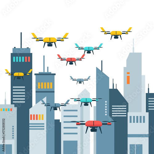A fleet of colorful delivery drones flying through a modern city skyline in a flat vector illustration style.
