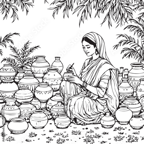 Traditional pottery artisan painting clay pots in outdoor setting with plants, cultural line art style