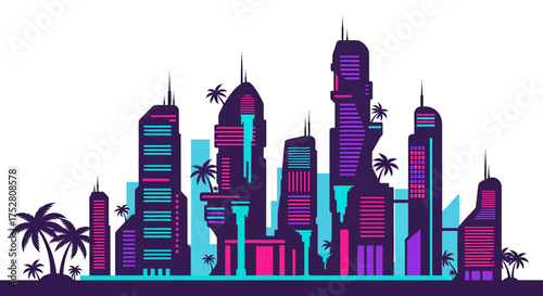 Futuristic city skyline with tall buildings, palm trees, and vibrant colors.