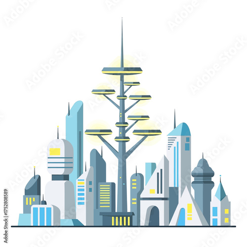 A vector illustration of a futuristic city skyline with modern skyscrapers and a central tree-like tower.
