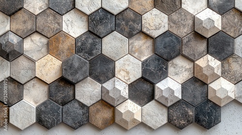 Hexagonal Textured Tiles Mosaic Pattern Background.