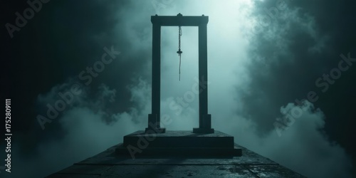 A somber stone gallows structure stands silhouetted against a brooding, misty sky, evoking a sense of mystery and forgotten rituals.