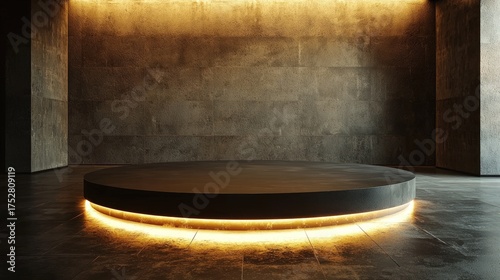 Illuminated circular platform in a modern interior with concrete walls.