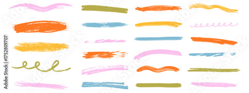 Chalk and crayon underline collection. Scribble, swirl, and straight highlight strokes. Vector hand drawn set.