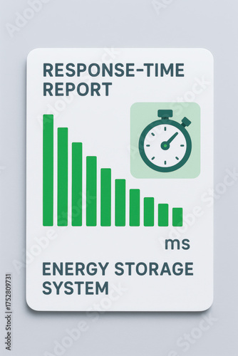 Energy storage system response time report ms decreasing bar chart with stopwatch icon and clean infographic layout