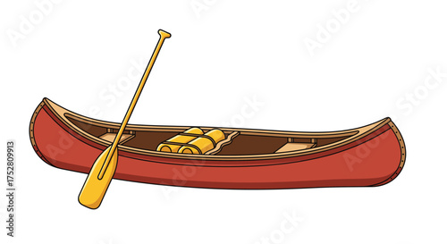 A red canoe with a paddle inside carrying supplies for a trip on the water.