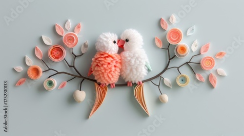 A paper quilling artwork showcasing a pair of lovebirds on a branch.