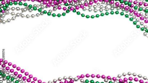 Festive mardi gras beads border in purple green and gold isolated on transparent background