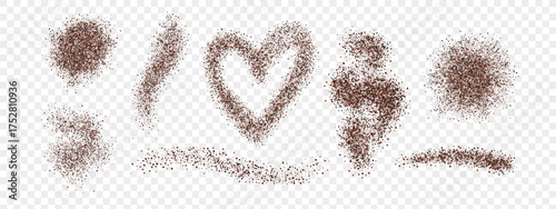 Coffee powder and cocoa dust shapes. 3D granule scatter in different forms. Wave, spot, heart. Realistic vector texture