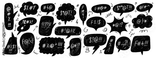 Crayon grunge speech bubbles with swear words and angry symbols. Hand drawn doodle style curse balloons. Vector illustration on white background.
