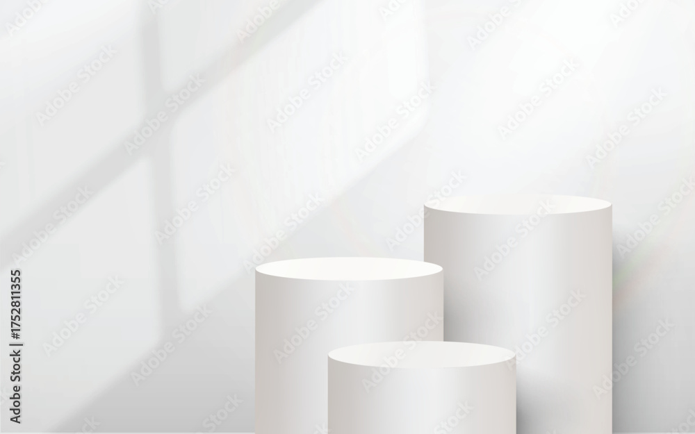 Fototapeta premium 3D white round podium set background with light and shadow. Abstract geometric composition in minimalist design. Studio display showroom product pedestal, Showcase platforms