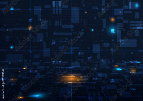 Futuristic digital background with glowing data blocks and technology grid. Abstract cyber network design representing innovation, data flow, and digital connection. 