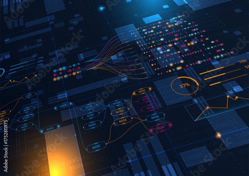 Futuristic digital data visualization with glowing nodes, AI network connections, and analytics elements representing technology, innovation, and machine learning. 