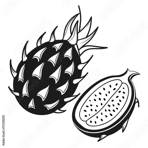 Stylized black and white dragon fruit illustration
