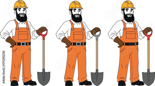 Three construction workers in orange overalls and hard hats stand ready with shovels.