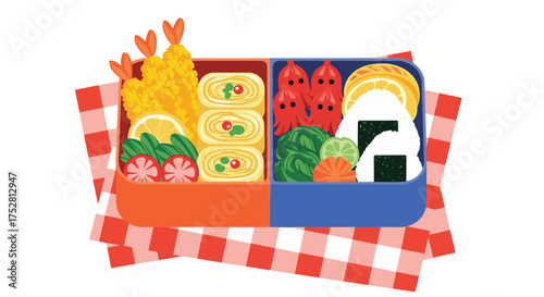 Delicious bento box lunch featuring tempura and onigiri for a picnic.