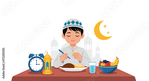 A young boy enjoys a delicious meal during the holy month of Ramadan, a time for fasting and reflection.