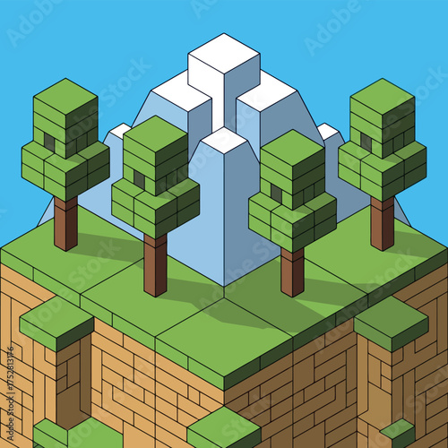 Isometric Mountain with Trees and Blocky Terrain Illustration