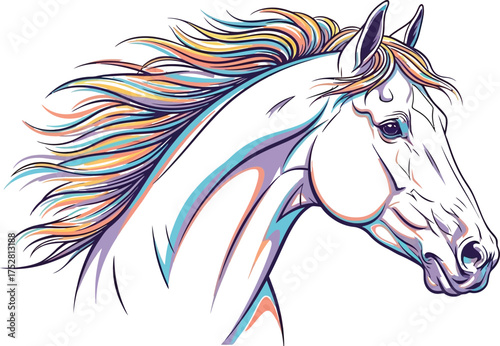 Majestic white horse with flowing rainbow mane, symbolizing freedom and power.