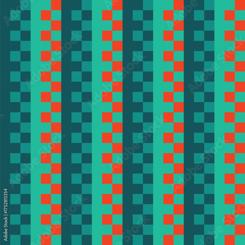 Pattern created from dark and light teal green stripes and  shades of teal green and red-orange squares