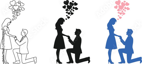 Man proposes to woman with hearts floating above them