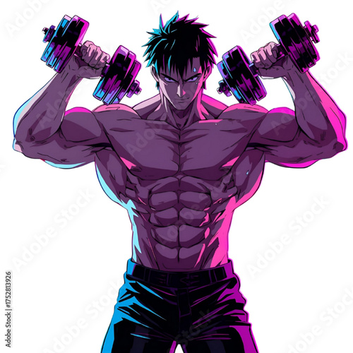 Anime Muscular Man Lifting Dumbbells, Flexing Biceps Transparent Background 