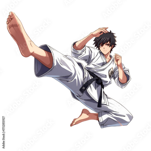 Anime Karate Fighter Kicking in Mid-Air, Black Belt Martial Artist, Dynamic Combat Pose