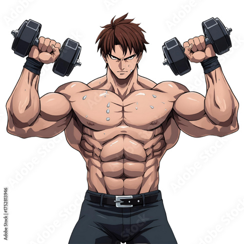 Anime Muscular Man Lifting Dumbbells, Flexing Biceps on Transparent Background 