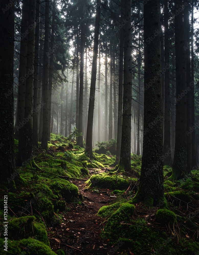 Fototapeta premium A misty forest scene with a path winding through tall trees, vibrant green moss