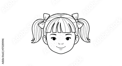 Close up line drawing of a young girl's face with pigtails and bows.
