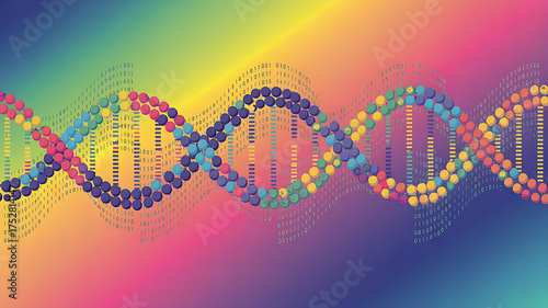 Colorful abstract DNA strands blend with binary code on a vibrant gradient background