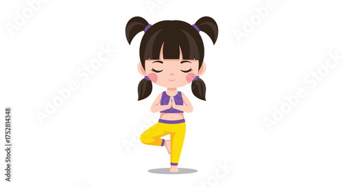 A young girl practicing the tree pose in yoga class on a white background.