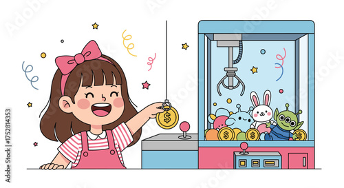 A young girl excitedly inserts a coin into a claw machine to win prizes.