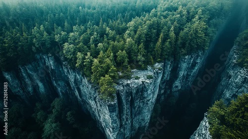 Breathtaking aerial views of a dramatic canyon landscape with lush green forest and sheer cliffs