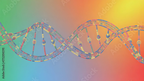 Colorful abstract DNA strands blend with binary code on a vibrant gradient background